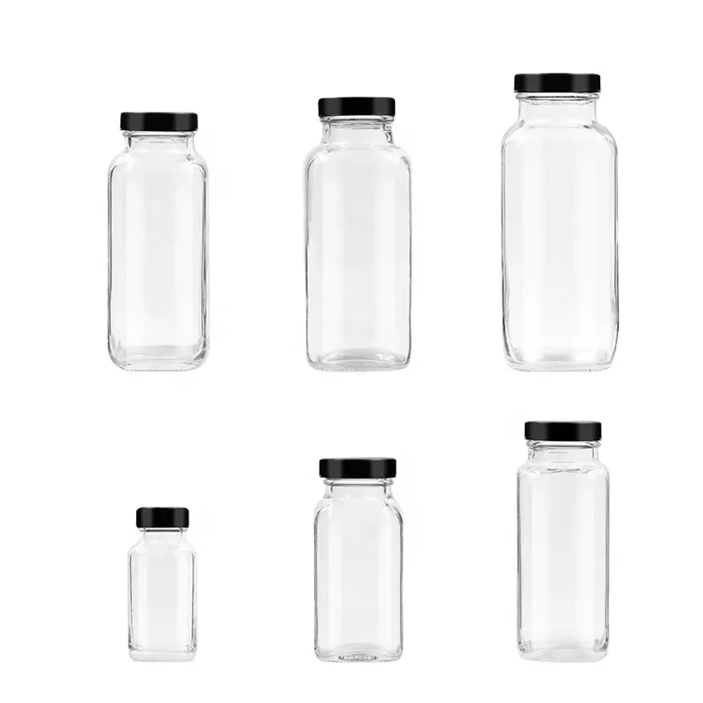 Small Glass Shots 2oz 60ml French Square Glass Juice Bottle With Plastic Screw Lid for Cold Pressed Juice Flavor Testing