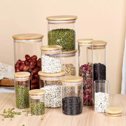 Round High Borosilicate Kitchen Glass Storage Jar Food Coffee Spices Container Bottles Jar With Bamboo Wooden Lid