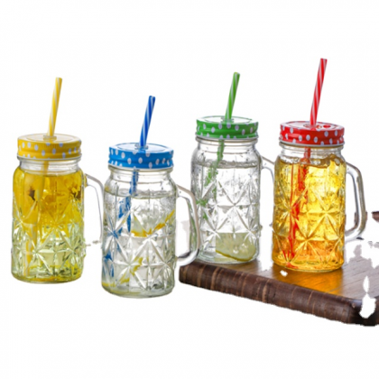 Old Fashioned Drinking Glass Set Mason Jar Mug With Handle and Straw Lid 16 Ounce