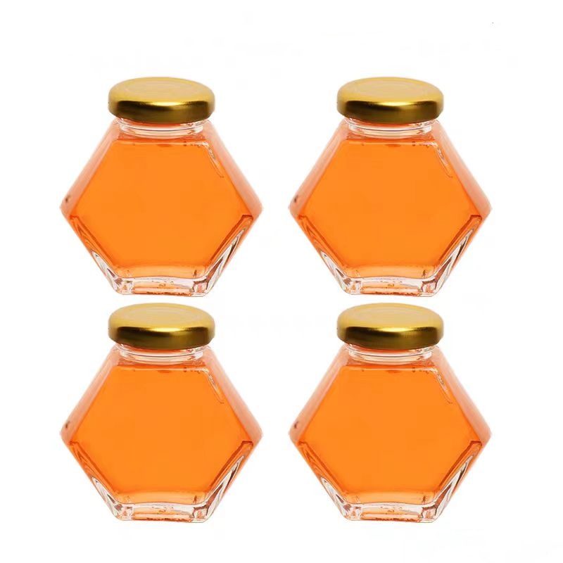 Recyclable Wholesale 100ml 180ml 280ml 380ml  Hexagon Glass Storage Bottle With Metal Lid Food Storage Bottle Glass Honey Jar