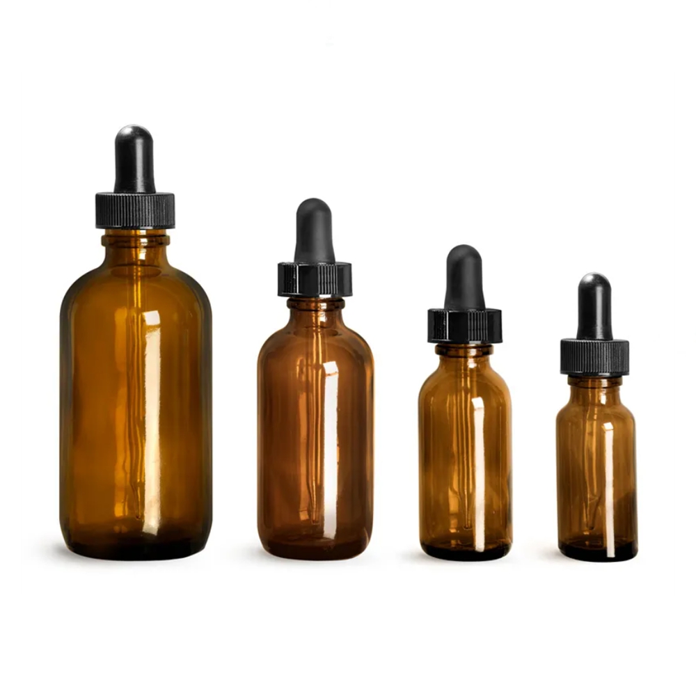 OEM Wholesale 120ml 4oz 0.5 oz 30 ml 2 oz 4 oz Amber Glass Essential Oil Glass Dropper Bottle With Black Plastic Dropper