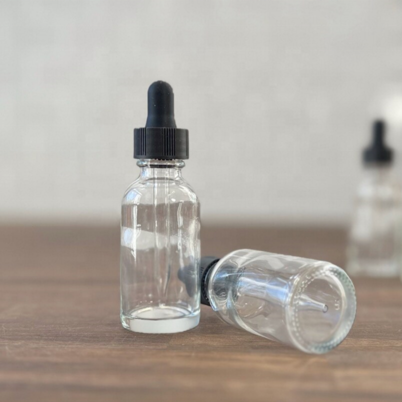 Wholesale 1oz 30ml boston Round clear Glass Essential Oil Dropper Bottle