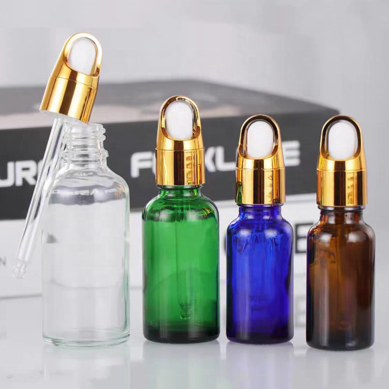Perfume Cosmetic Bottle 5ml 10ml 15ml 20ml 30ml 50ml 100ml Clear Green Blue Amber Glass Dropper Bottle With Black Childproof Lid
