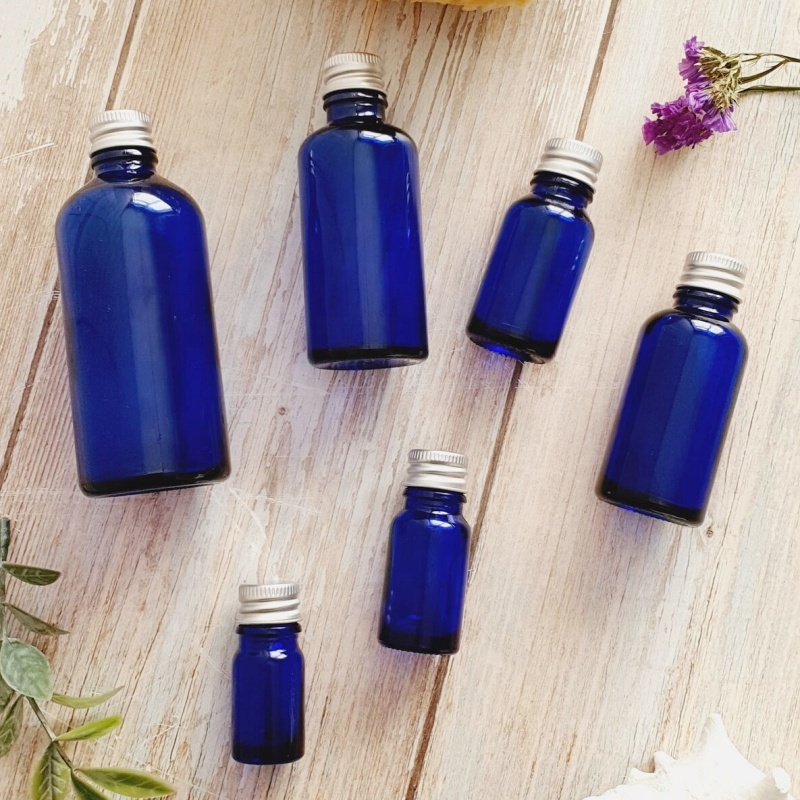 Refillable Blue Glass Dropper Bottles With Aluminum Silver Lid - Empty Bottles for Crafts, Aromatherapy, Refills & DIY Skincare