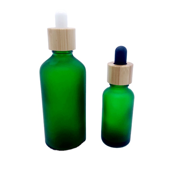 30ml Frosted Green Glass Dropper Bottle Bamboo Lid Top Empty Cosmetic Cuticle Hair Essential Oil 100ml Serums Screen Printing