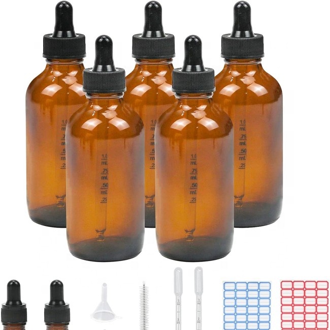 Custom Logo Glass Dropper Bottles With Scale Boston Round Design 10ml 20ml 30ml 50ml 100ml Sizes Polished Surface Carton Packing