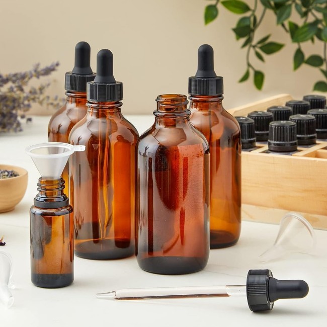 Amber Glass Boston Bottles 1 oz 2 oz 4 oz 8 oz With Eye Droppers