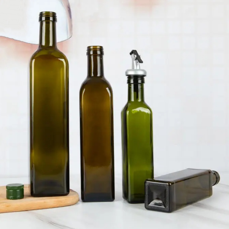 Hot Sale Refillable 250ml 500ml 750ml 1l Empty Square Army Green Olive Oil Glass Bottles for Kitchen