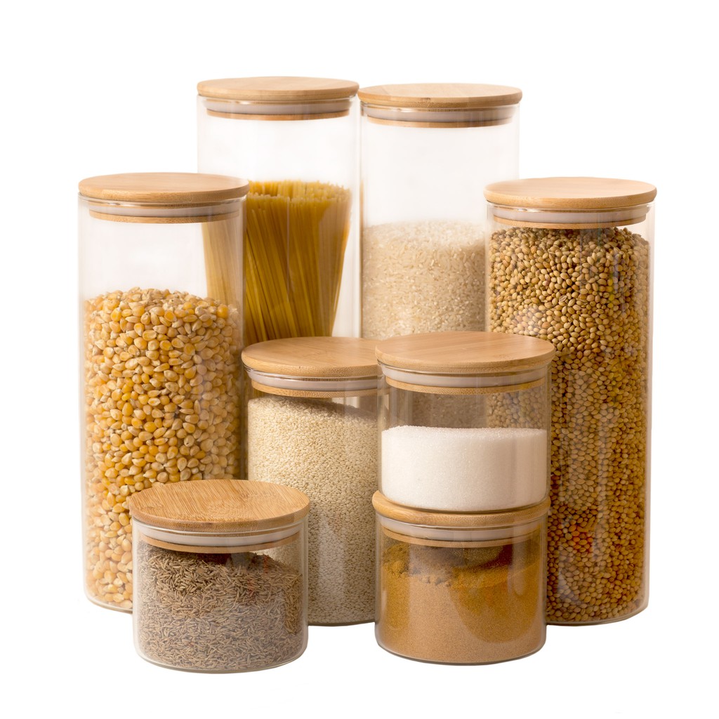 Borosilicate Glass Storage Jar With Bamboo Lid for Tube Shaped Glass Storage Jar for Glass Spice Jar With Wooden Lid