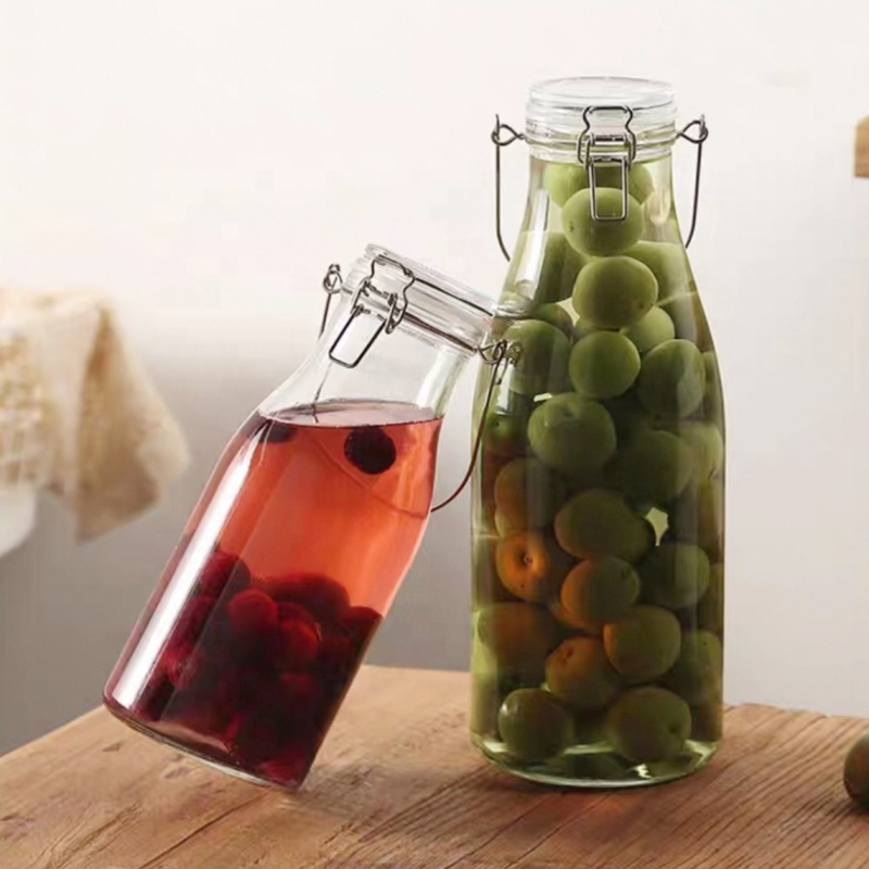 1000ml 32oz 2000ml 64oz Clip Cap Dispenser Glass Bottle Daily Milk Drink Bottles with Clip Top and Rubber
