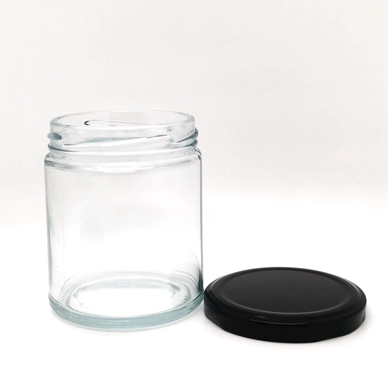 Recyclable 6 oz 8 oz 9 oz Clear Glass Straight Sided Wide Mouth Glass Candle Jars W/ Black Metal Plastisol Lined Lug Caps