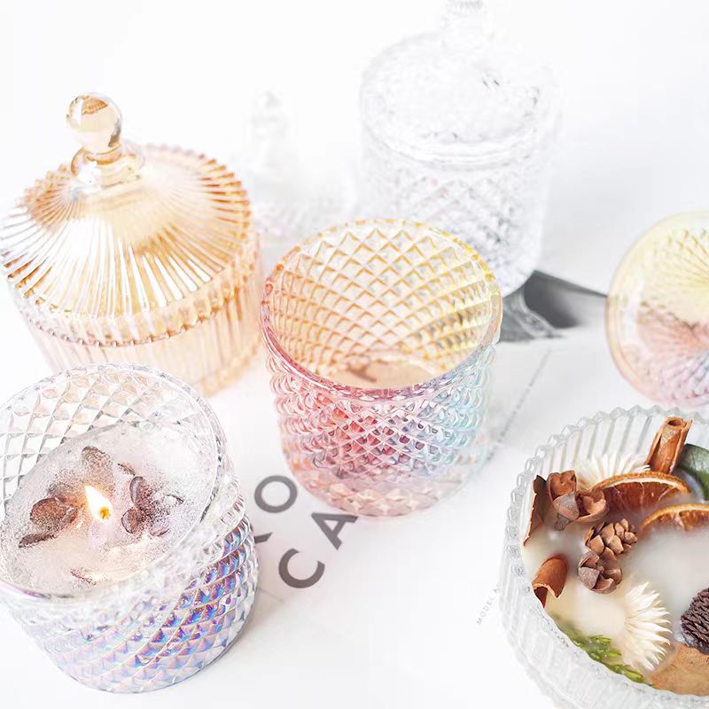 8oz 16oz Empty Custom Luxury Recyclable Ribbed Glass Candle Jar With Glass Lid
