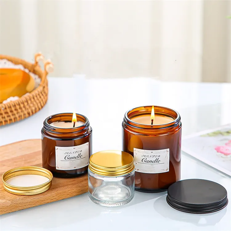 Empty 50ml 100ml 250ml 500ml Clear Amber Glass Candle Jar With Black Gold Aluminum Metal Lids Empty Jars for Candles