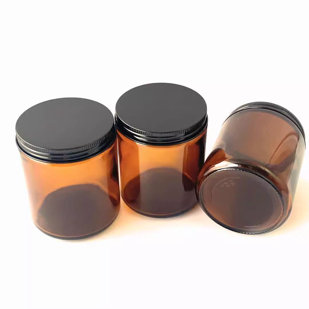 New Design 120ml 250ml Empty Cylinder Amber High Quality Glass Jar Candle Can With Black Aluminum Lid