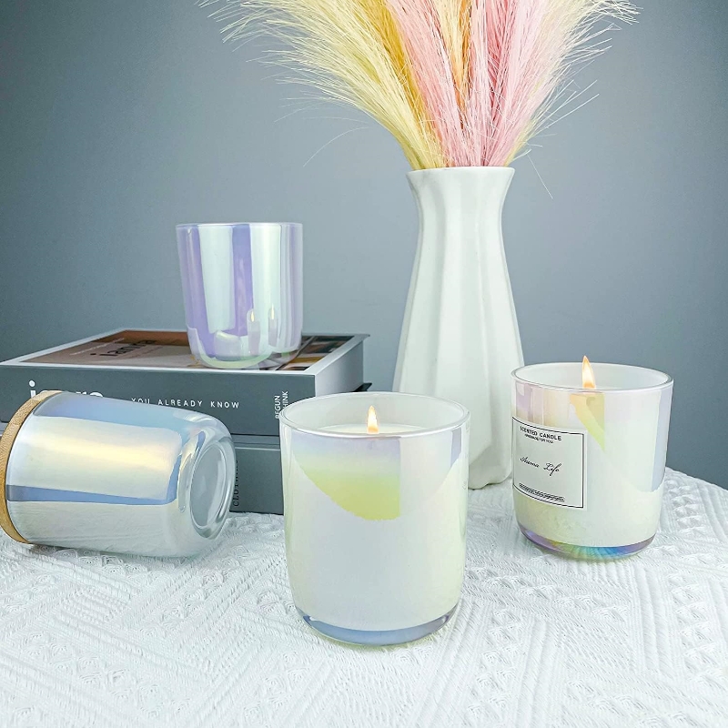 10 oz Bulk Thickened Candle Vessel Containers With Bamboo Lids 10oz Iridescent Candle Glass Jars for Making Candles