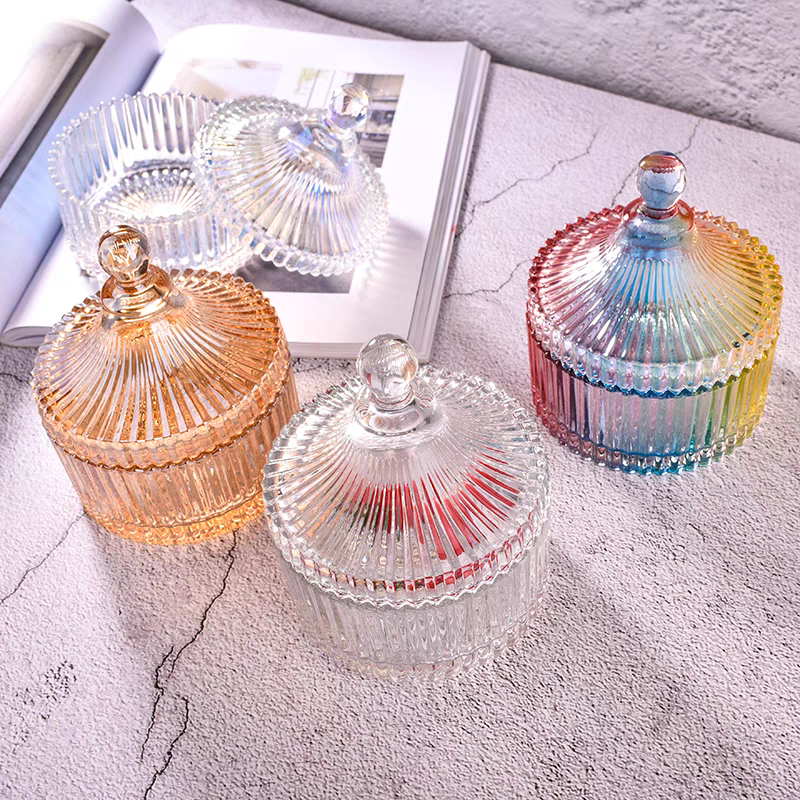 Hot Sale Empty Crystal Candy Gift Storage Recyclable Glass Candle Jars Customize Ribbed Candy Gift Storage With Glass Lid