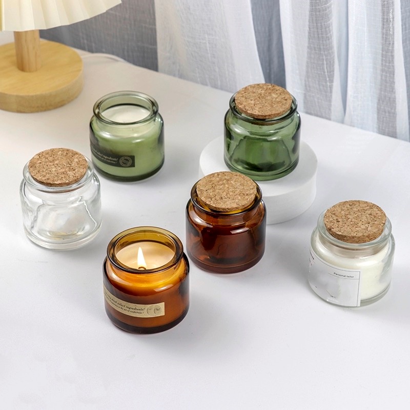 Empty 120ml 200ml Small Amber Brown Mini Unique Luxury Candle Glass Jar With Cork Wooden Metal Lids