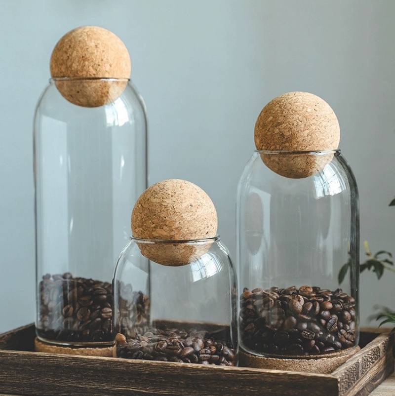 Customized Round Glass Spice Coffee Storage Jar Set With Ball Wooden Lid 500ml 800ml 1100ml 1400ml
