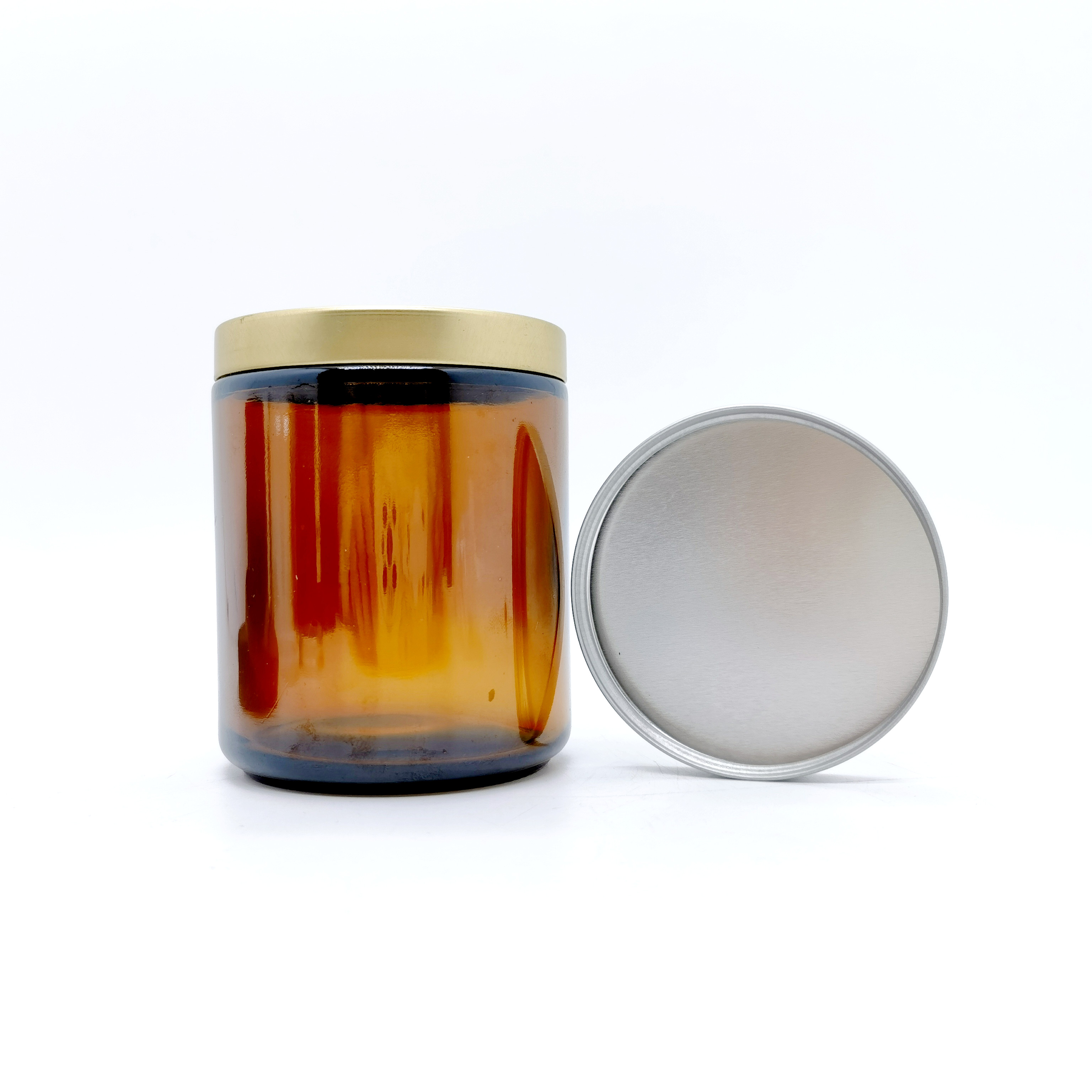 Empty 8 oz Canning Spice Powder Candle Jar 8oz 240ml Thick clear Blue Amber Round Glass Jars With Metal Lids