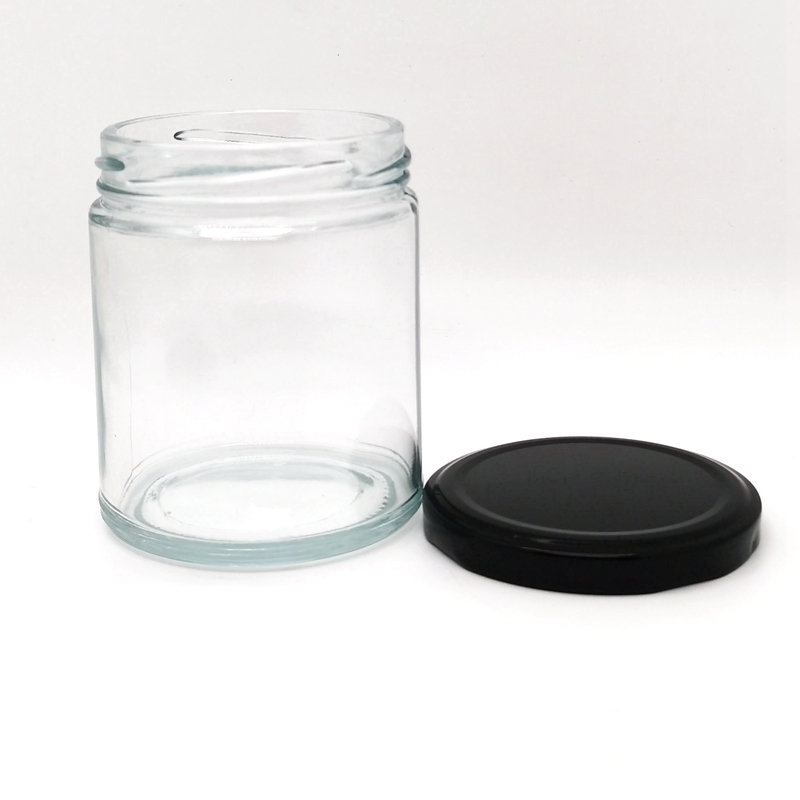 Recyclable 9 oz 270ml Clear Straight Sided Wide Mouth Glass Candy Jar With Black Metal Lid for Jam Honey Candle