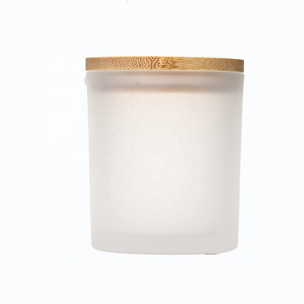 Custom 8oz and 10oz Frosted Luxury Glass Candle Jar Empty Cylinder With Wood Bamboo Gold Lid Offset Printing