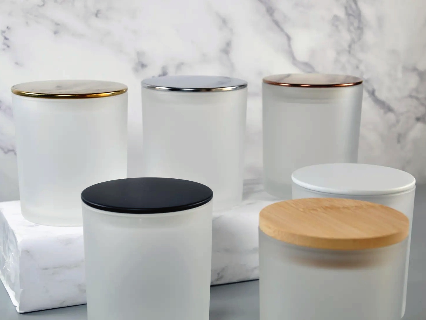 10oz Empty Clear Frosted Candle Glass With Bamboo or Flat Top Metal Lid & Gift Box