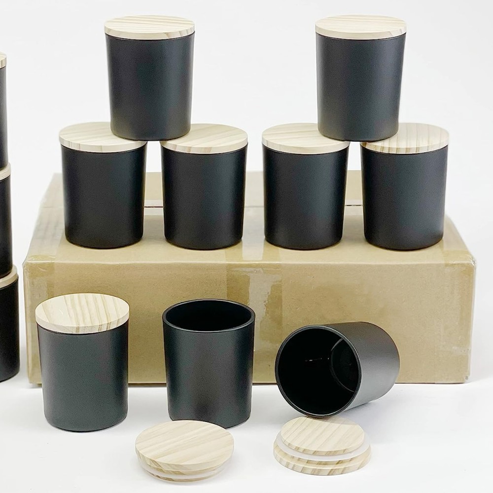 Wholesale 4oz Embossed Bamboo Lid Glass Candle Jars Frosted Black Wooden Box Colorful Empty Lanterns Holder Bulk Packaging