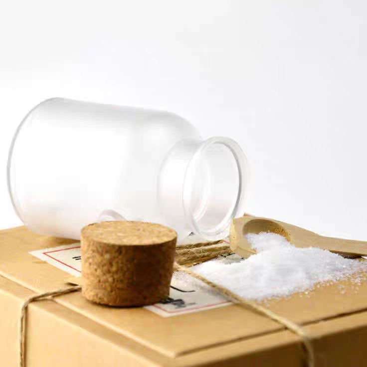 Wholesale Frost ABS Plastic Bath Salt Container Jars With Wood Spoon and Cork Lid 100ml for Cosmetic Packaging