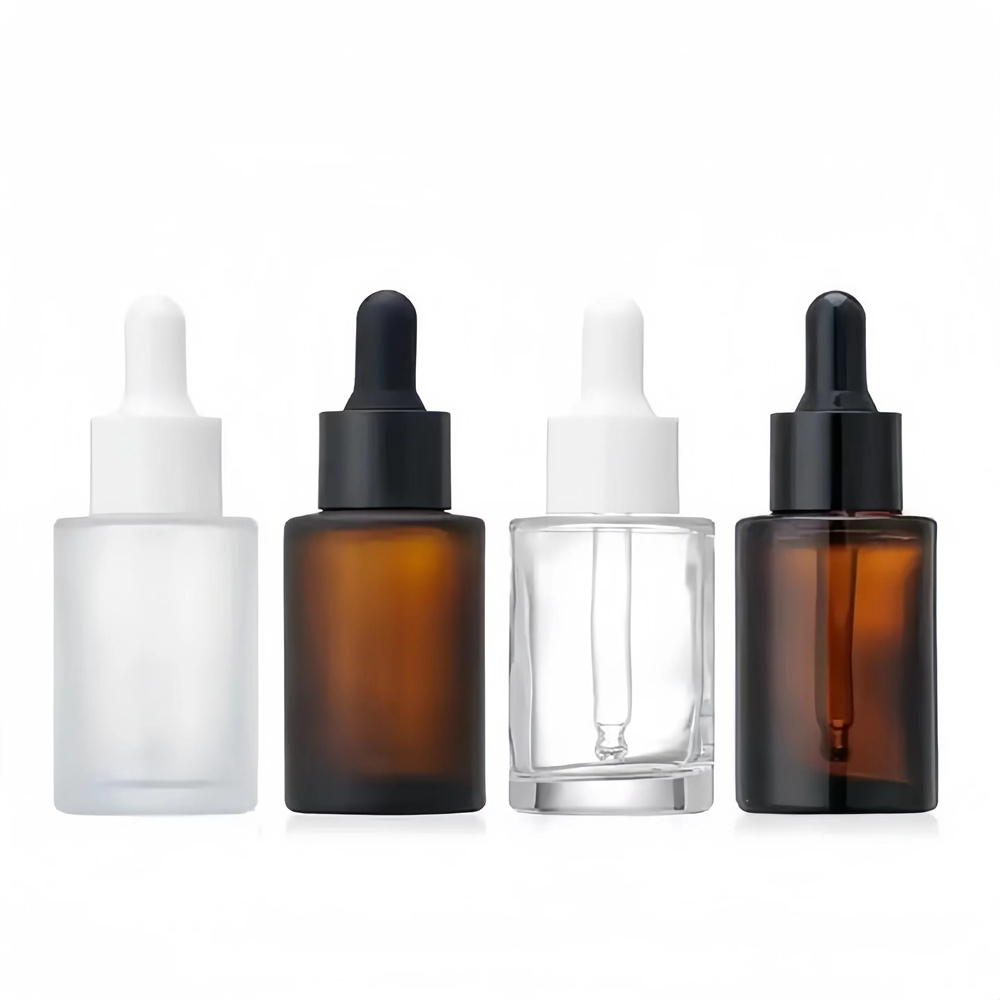 Free Sample 30ml Clear Frosted Amber Glass Flat Shoulder Serum Dropper Bottle Custom Logo Makeup Eye Drops 80ml Capacity Carton