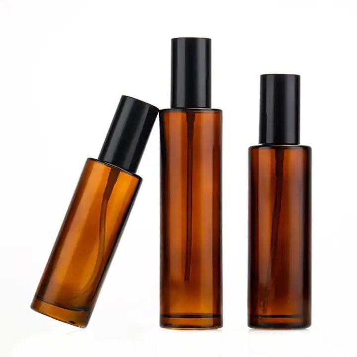 Hot Sale Amber Glass Pump Bottles With Flat Shoulder 30ml 50ml 80ml 100ml Refillable Serum Essential Oil Perfume Lotion Bottle