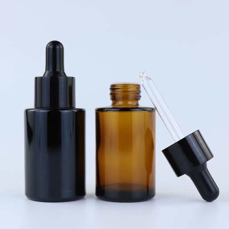 Custom Black Skincare Oil Bottle Empty 20ml 30ml 50ml Cylinder Luxury Cosmetic Hair Glass Dropper Serum Bottle 20 ml