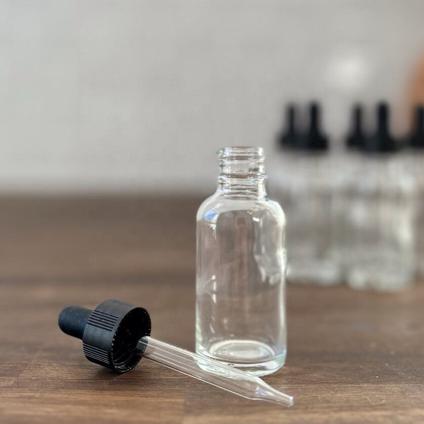Wholesale 1oz 30ml boston Round clear Glass Essential Oil Dropper Bottle