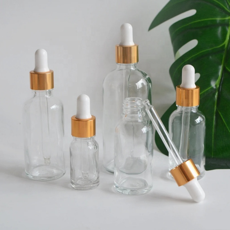 5ml-100ml Empty Clear Glass Essential Oil Dropper Bottles in Gold Cap, Aromatherapy Hair Oil Dropper, Cosmetics Wholesale