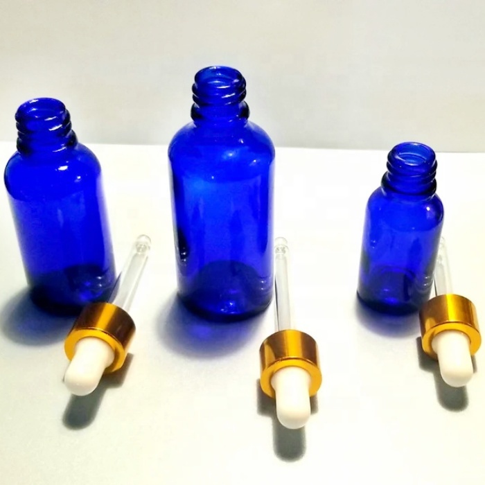 Blue Glass Dropper Bottle With Gold and White Pipette 10 15 30 50 100ml Refillable Bottles for Essential Oils & DIY Products