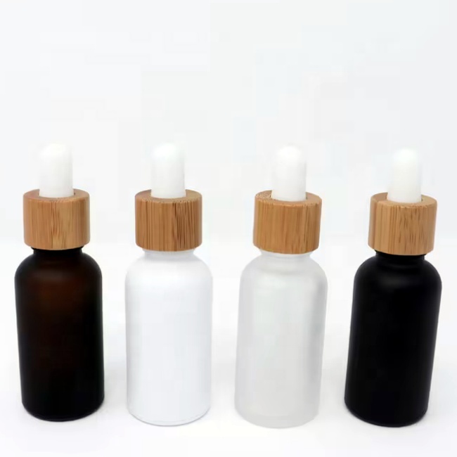 Matte White Frosted Glass Bamboo Bottles 15ml 20ml 30ml 50ml 100ml Matte Black Glass Essential Oil Bottles With Wood Dropper
