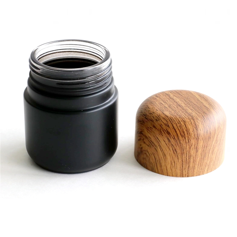 Concentrate Container 2oz 70 ml Custom Smell Proof Flower Storage Matte Black Herb Glass Jar With Child Resistant Wood Grain Lid