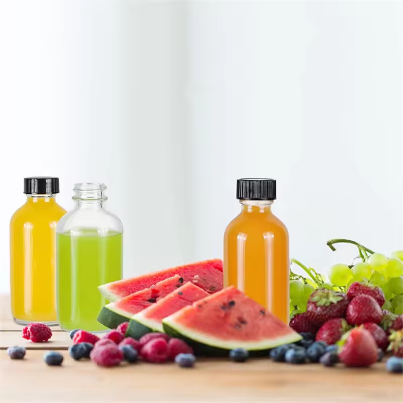 Small Mini 60ml 2oz Mini Liquid Ginger Oil Glass Juice Bottle Clear Empty Boston Round Shots Glass Bottles With Caps