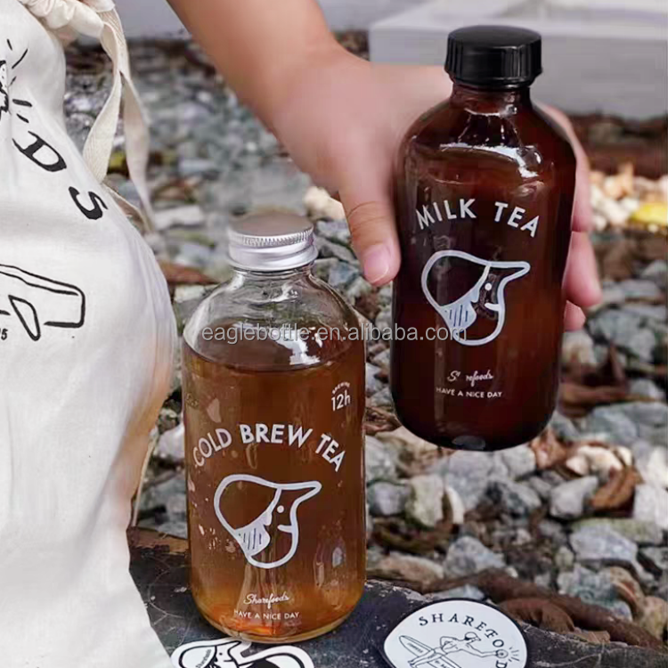 250ml 500ml 8oz 16oz Clear Amber Boston Round Beverage Juice Kombucha Glass Bottle With Black Polycone Cap