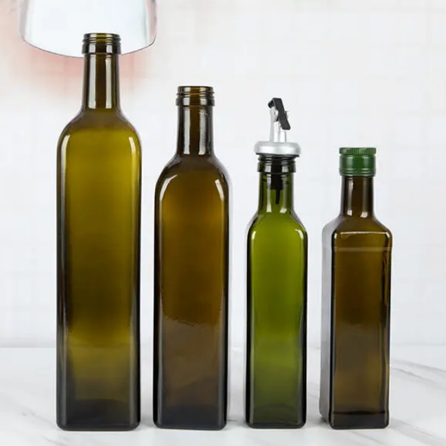Hot Sale Refillable 250ml 500ml 750ml 1l Empty Square Army Green Olive Oil Glass Bottles for Kitchen