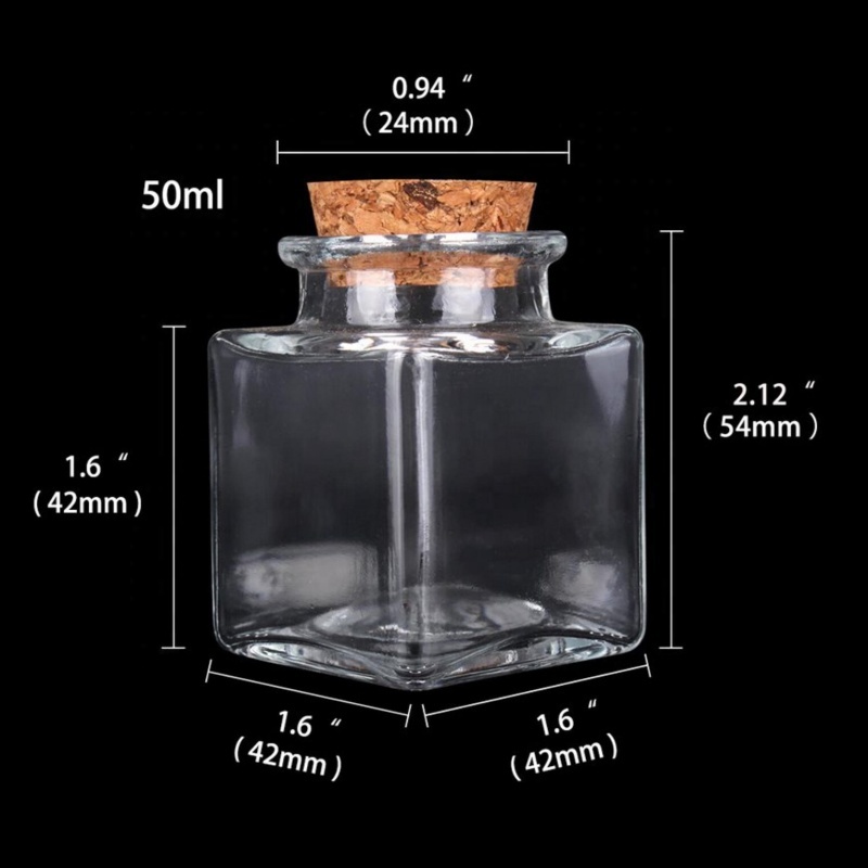 Mini Square Glass Bottle With Corks Stopper Clear Square Empty Glass Bottles 50ml Gift Honey Food Grade Seal Jars Vials