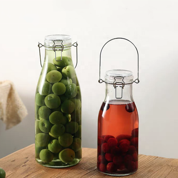 450ml 1000ml 1500ml 2000ml Food Grade Sealed Large Capacity Milk Juice Drink Glass Bottle With Airtight Swing Top