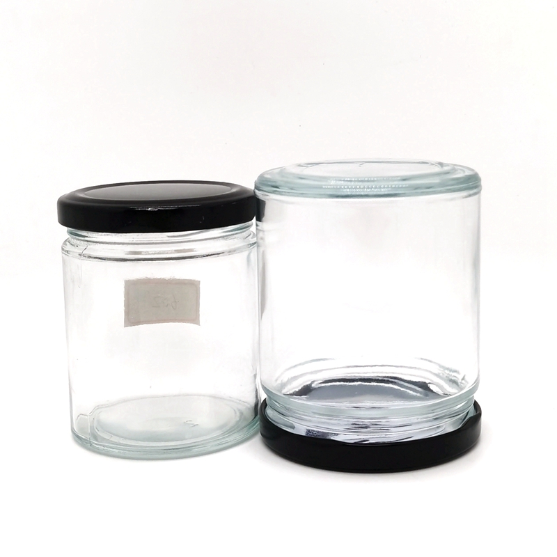 Recyclable 6 oz 8 oz 9 oz Clear Glass Straight Sided Wide Mouth Glass Candle Jars W/ Black Metal Plastisol Lined Lug Caps
