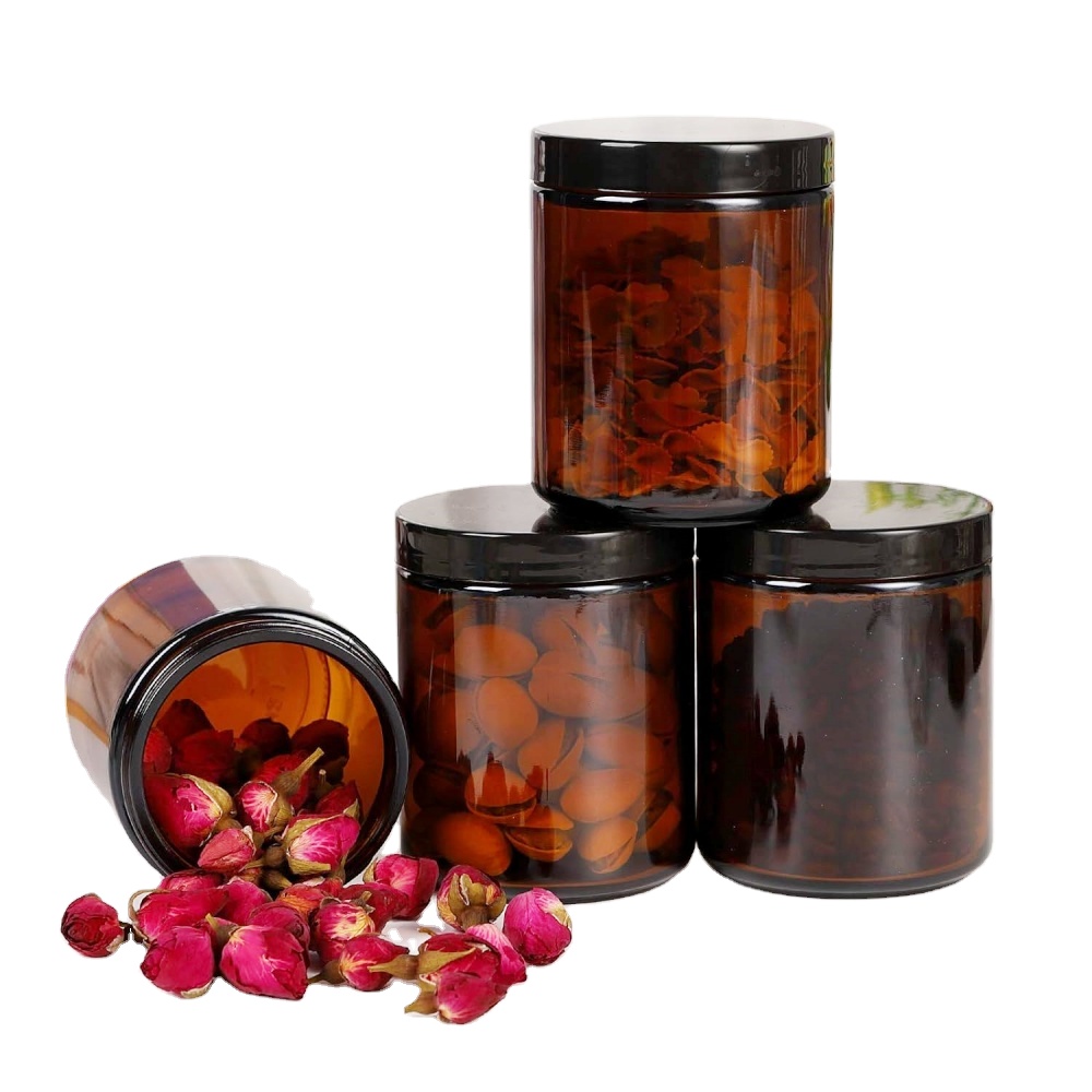 4oz 8oz 16oz Amber Clear Luxury Empty Straight Sided Glass Candle Jar With Aluminum Metal Lids