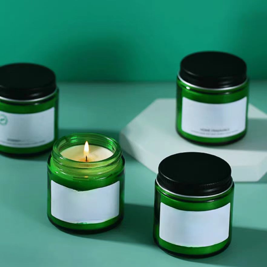 Empty 50ml 100ML 250ML 500ML Green Clear Amber Glass Candle Jar With Black Gold Aluminum Metal Lids