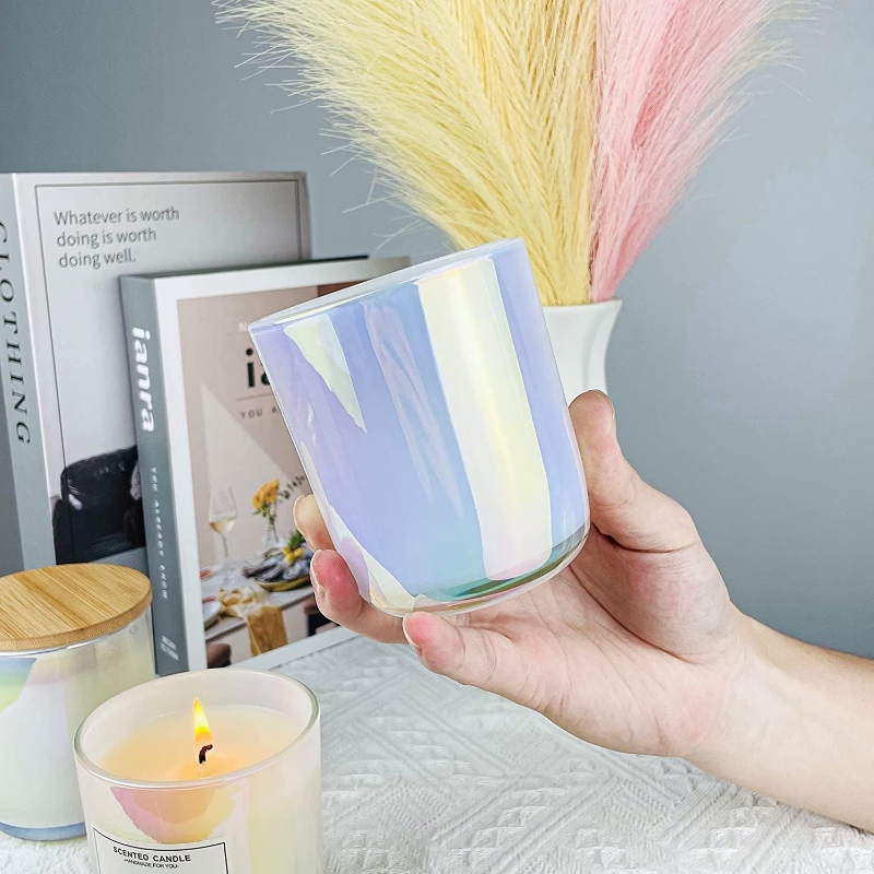 10 oz Bulk Thickened Candle Vessel Containers With Bamboo Lids 10oz Iridescent Candle Glass Jars for Making Candles