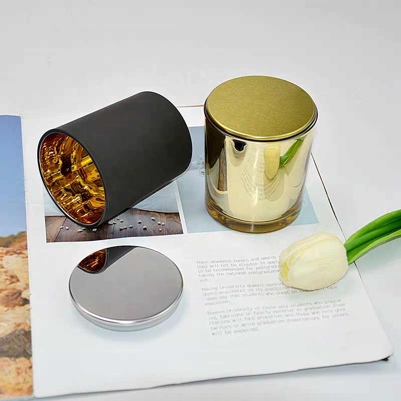Custom Color Tumbler Glass Jar Candle Gold Matte Black Candle Vessel With Plating Gold Sliver Inside for Scented Candle