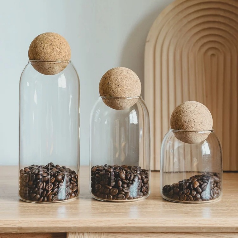 Customized Round Glass Spice Coffee Storage Jar Set With Ball Wooden Lid 500ml 800ml 1100ml 1400ml