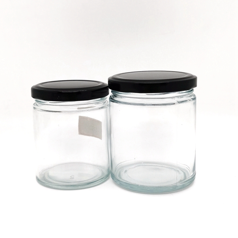Recyclable 9 oz 270ml Clear Straight Sided Wide Mouth Glass Candy Jar With Black Metal Lid for Jam Honey Candle