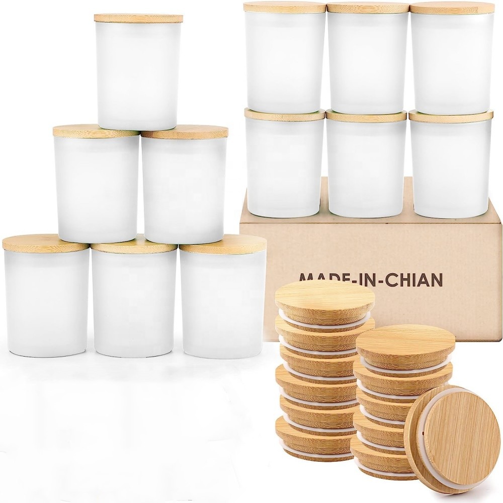 Custom 8oz and 10oz Frosted Luxury Glass Candle Jar Empty Cylinder With Wood Bamboo Gold Lid Offset Printing