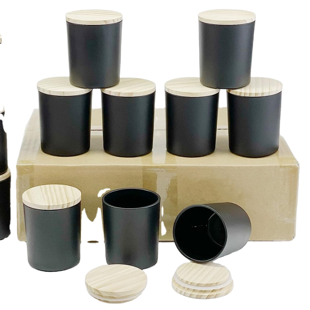 Luxury Custom Logo Matte Black Cylinder Candle Jar With Lid Offset Printing Empty Glass Vessel for Religious Mexican
